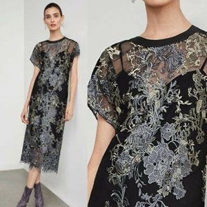METALLIC EMBROIDERED SHEER LACE SHORT-SLEEVE DRESS